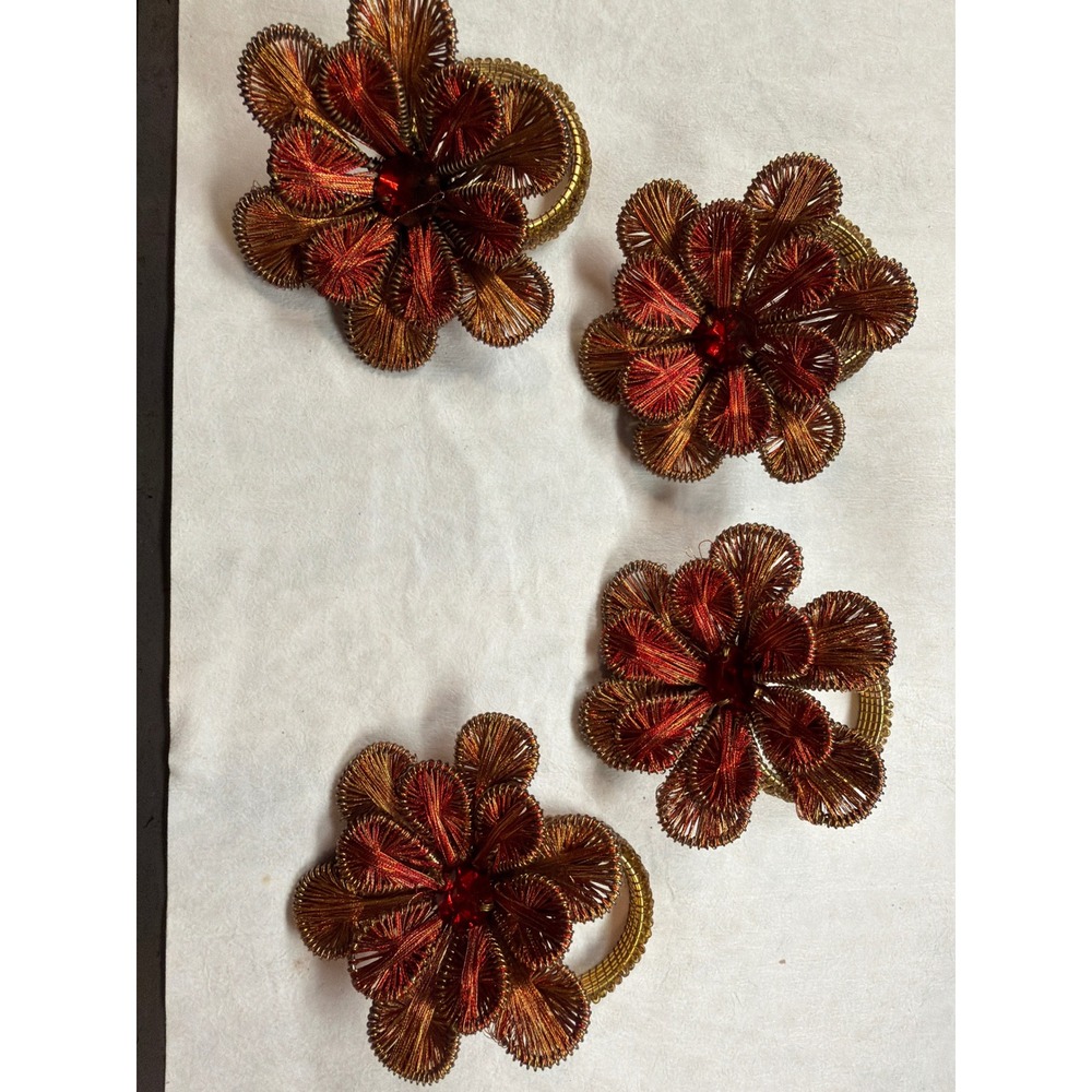 Vintage Ganutell Flower Napkin‎ Rings Set of 4 - Handmade Gold Red Wire Silk Art